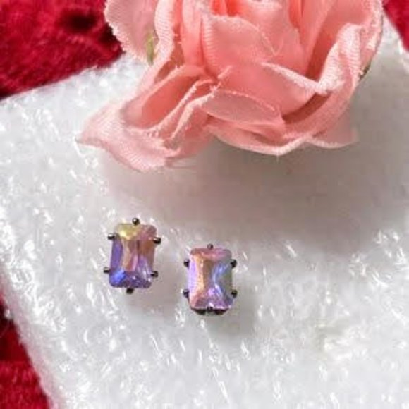 Emerald Cut Iridescent Pink Ice Cubic Zirconia Nickel Free post earrings NWT - Picture 1 of 5